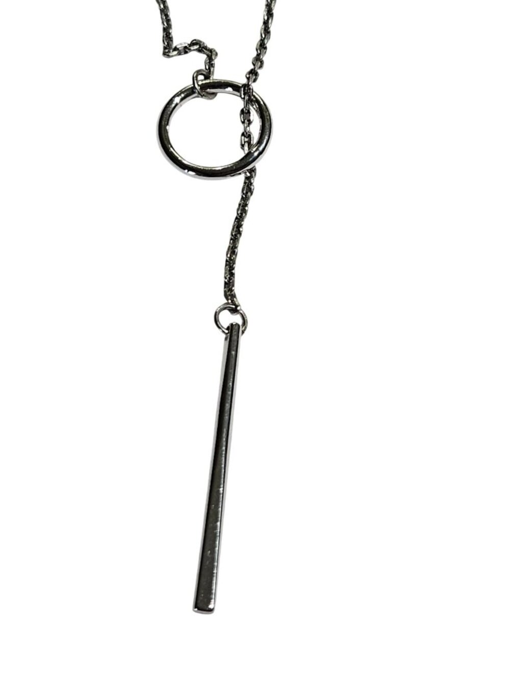Silvertone Chain Lariat Necklace Circle Bar 26 inches Long